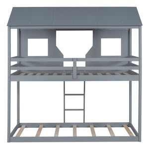 Twin Over Twin Bunk Bed With Roof, Window, Guardrail, Ladder