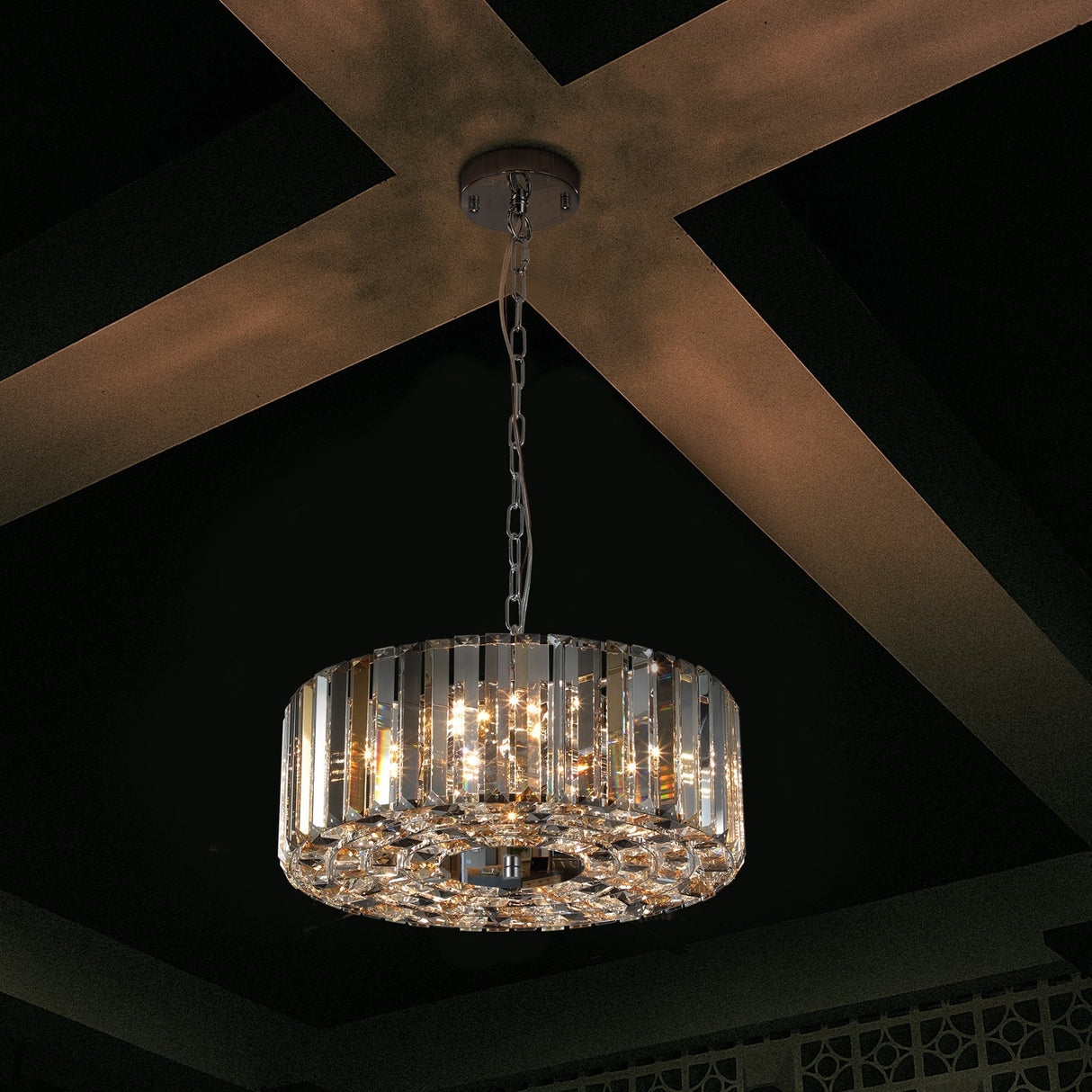17' Chrome Crystal Pendant Chandelier, Modern Hanging Light Fixture with Adjustable Height, 4-Light E26 Base for Living Room, Dining Room, or Kitchen (No Bulbs)