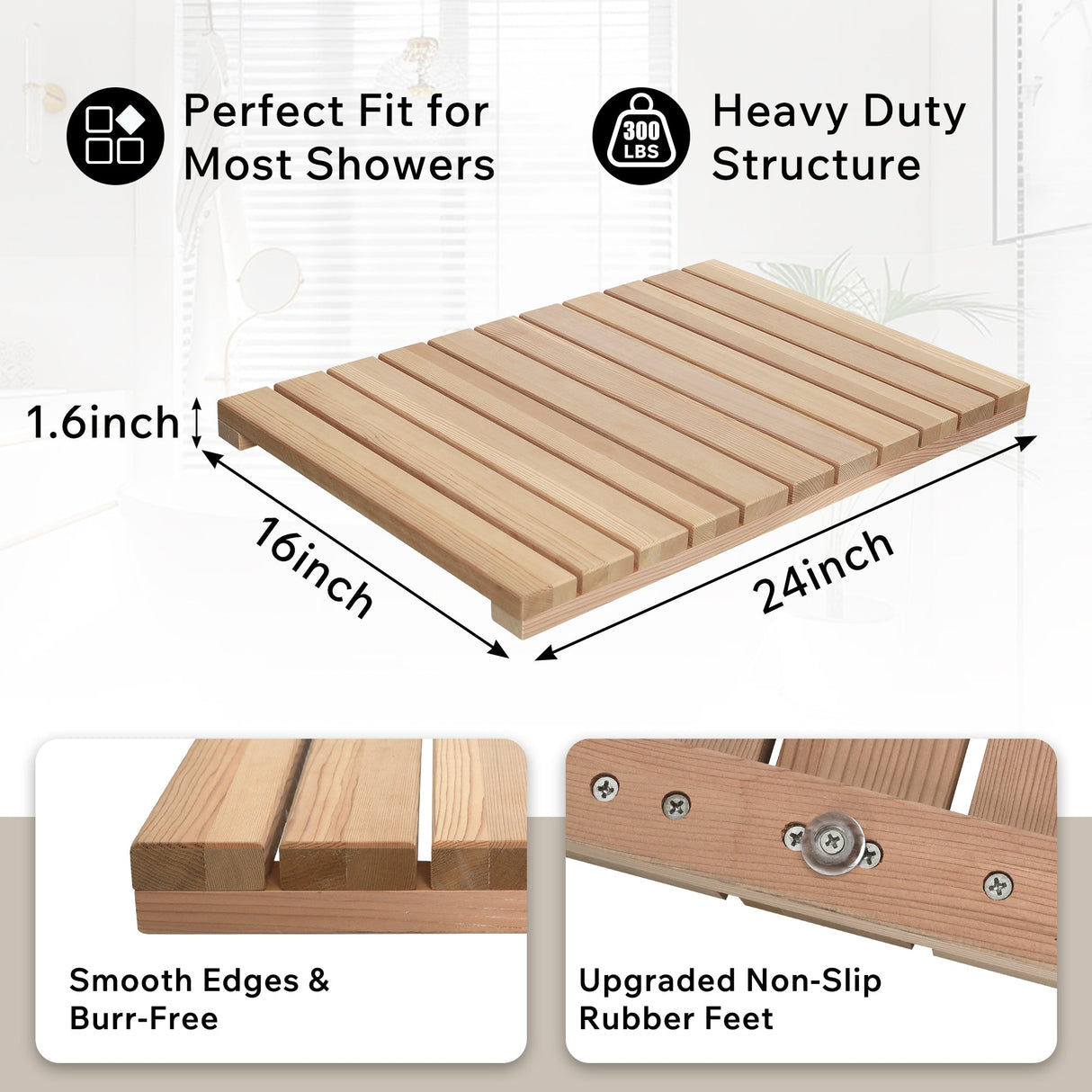 Cedar Wood Shower Mat - Non-Slip Slatted Bath Mat