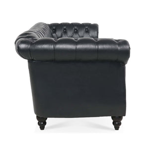 84.65' Black PU Rolled Arm Chesterfield Three Seater Sofa