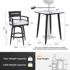 Modern Outdoor Patio Bar Set, Rounded Square Table & Bar Chairs, Non Rust Frame, Tapered Legs, Sunbrella Cushion
