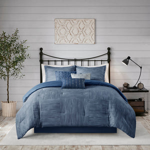 7 Piece Printed Seersucker Comforter Set with Hypoallergenic Fill - Navy