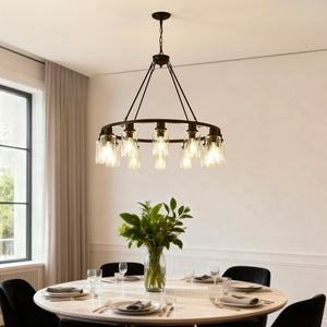Black Wagon Wheel Chandelier 31.5 Inch Modern Farmhouse Glass Pendant Light 12-Light Ceiling Hanging Lighting Fixtures for Living Room Dining Room Kitchen Island Foyer--NO INCLUDED BULBS