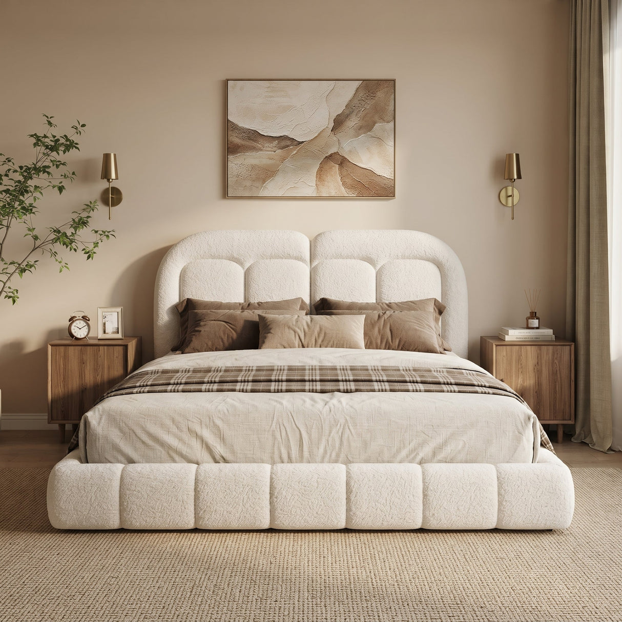 King Size Boucle Upholstered Platform Bed with Tufted Headboard