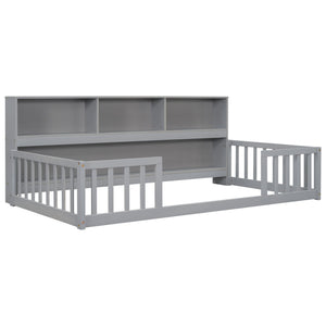 Floor Bed With Bedside Bookcase, Shelves, Guardrails