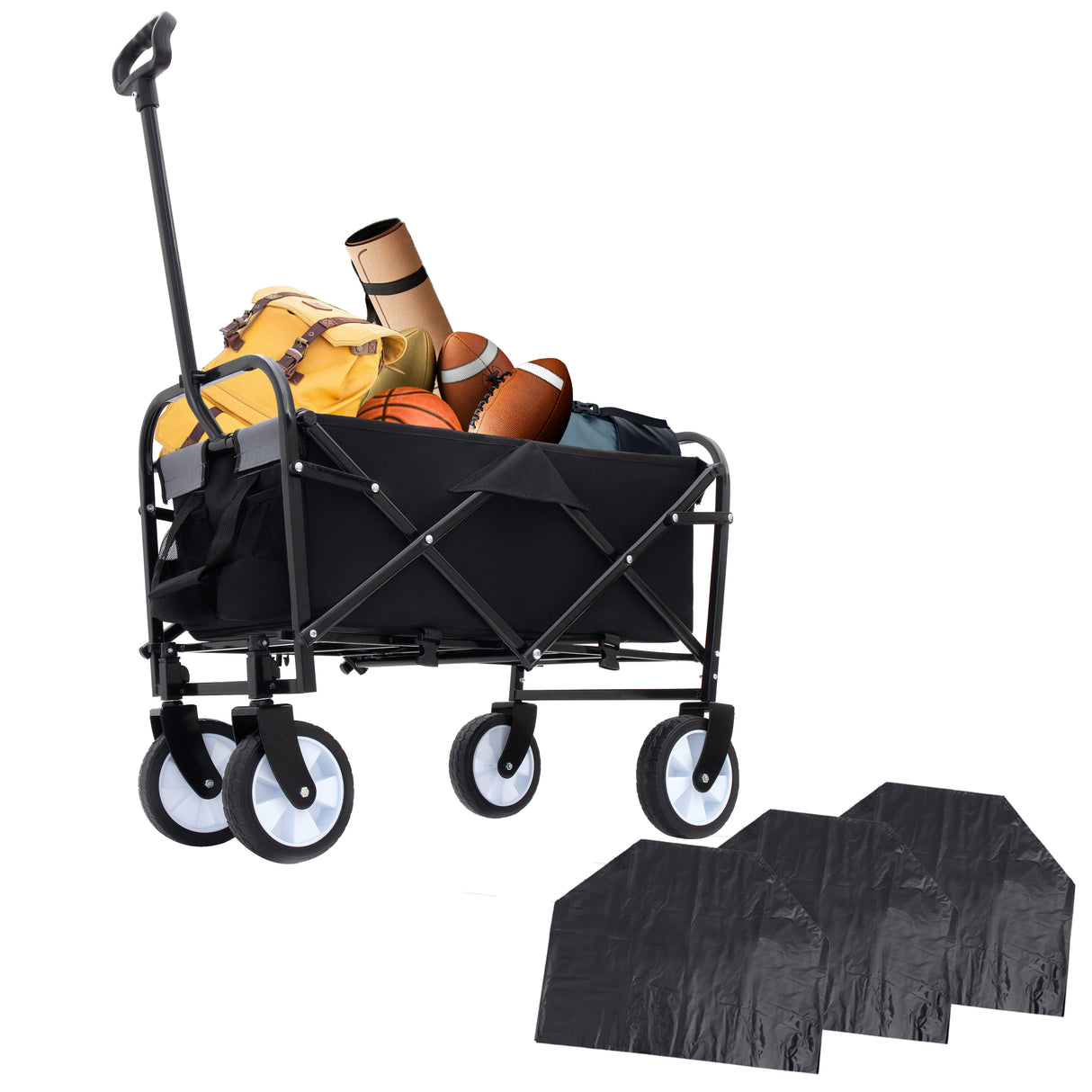 Minimeetall multi-use bag,collapsible foldable wagon cart beach wagon heavy duty utility cart utility wagon grocery cart for for camping 3pcs plastic liner bag /cover ,  black