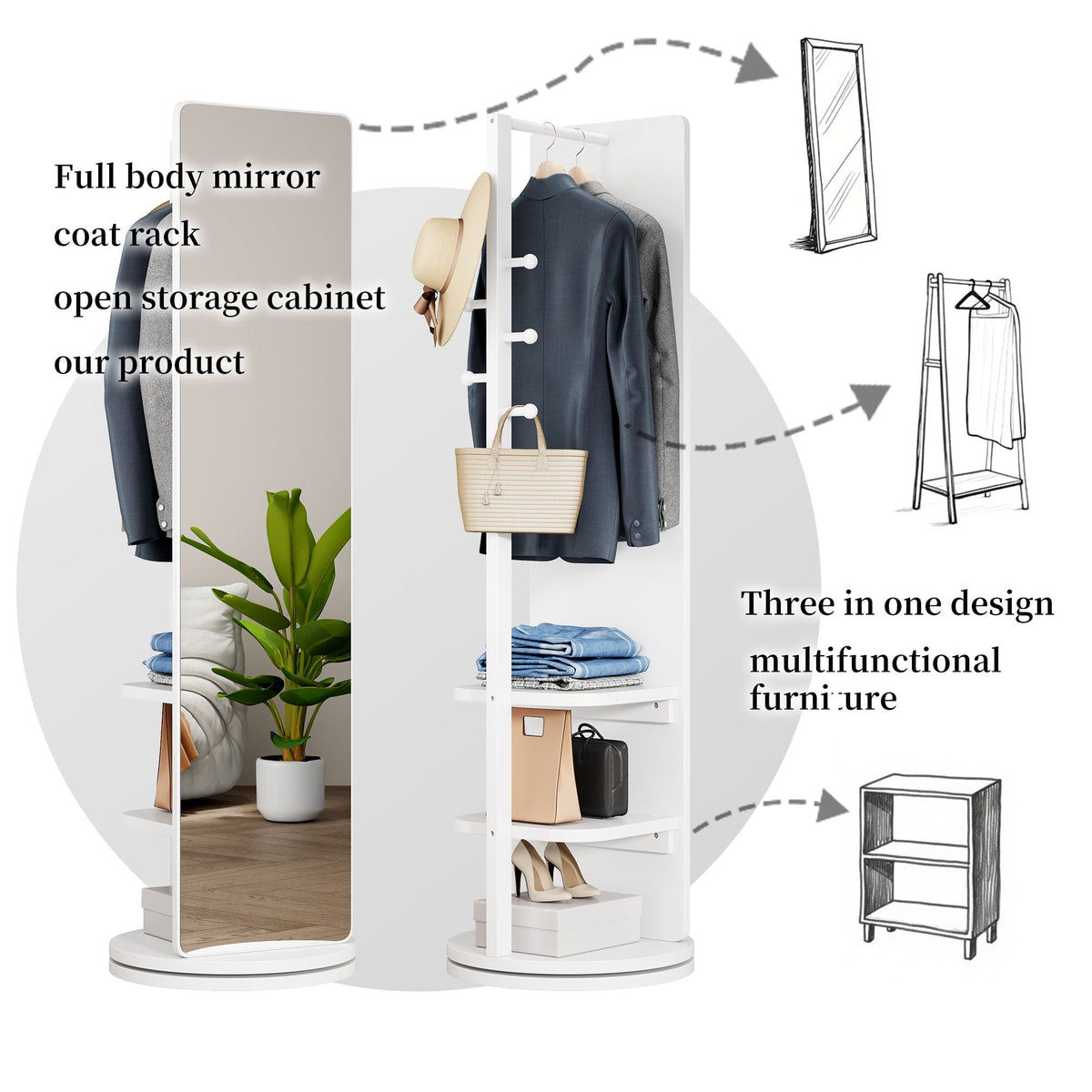 3 In 1 Multifunctional Full Length Clothing Mirror