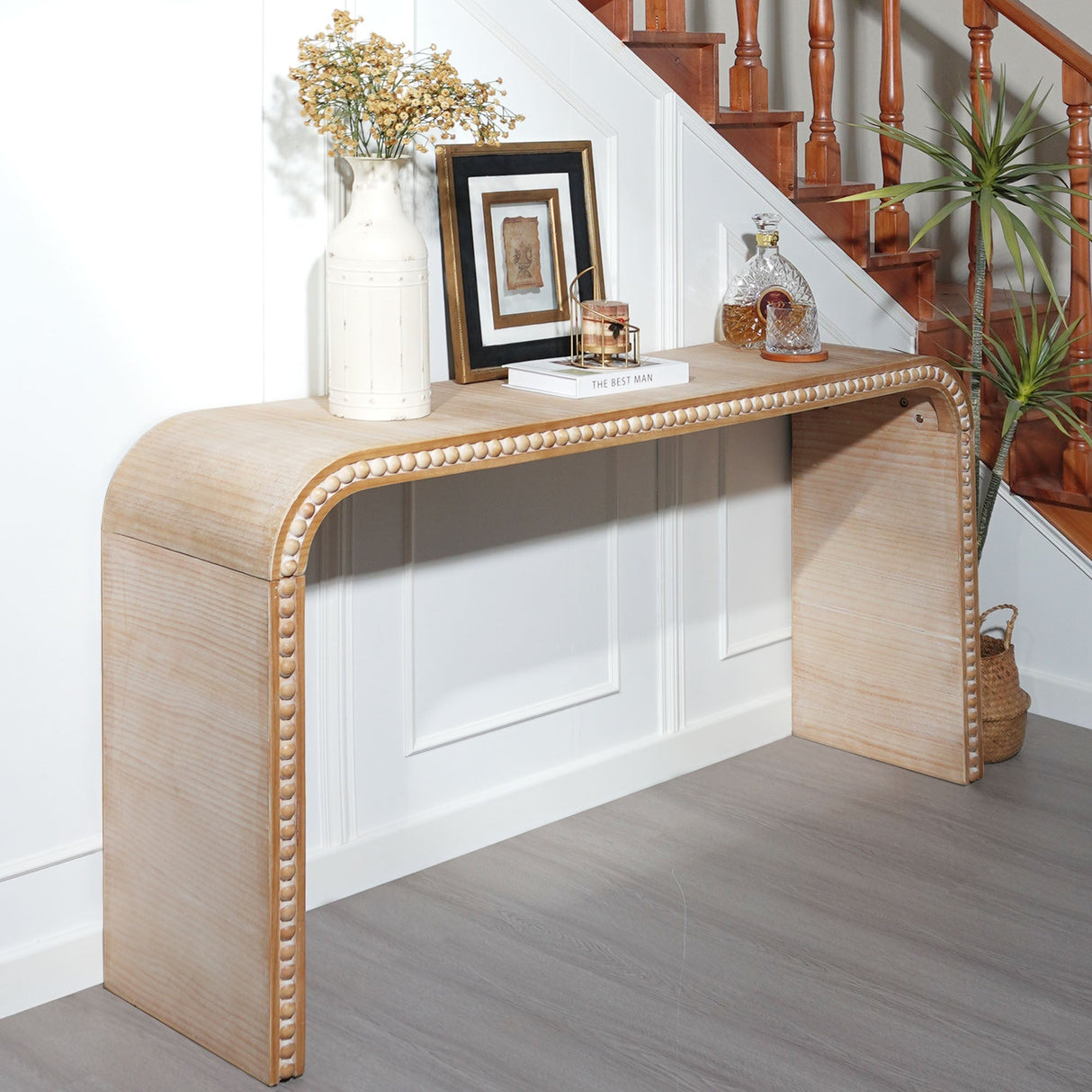 59in Console table with wood beads,curved waterfall-style table