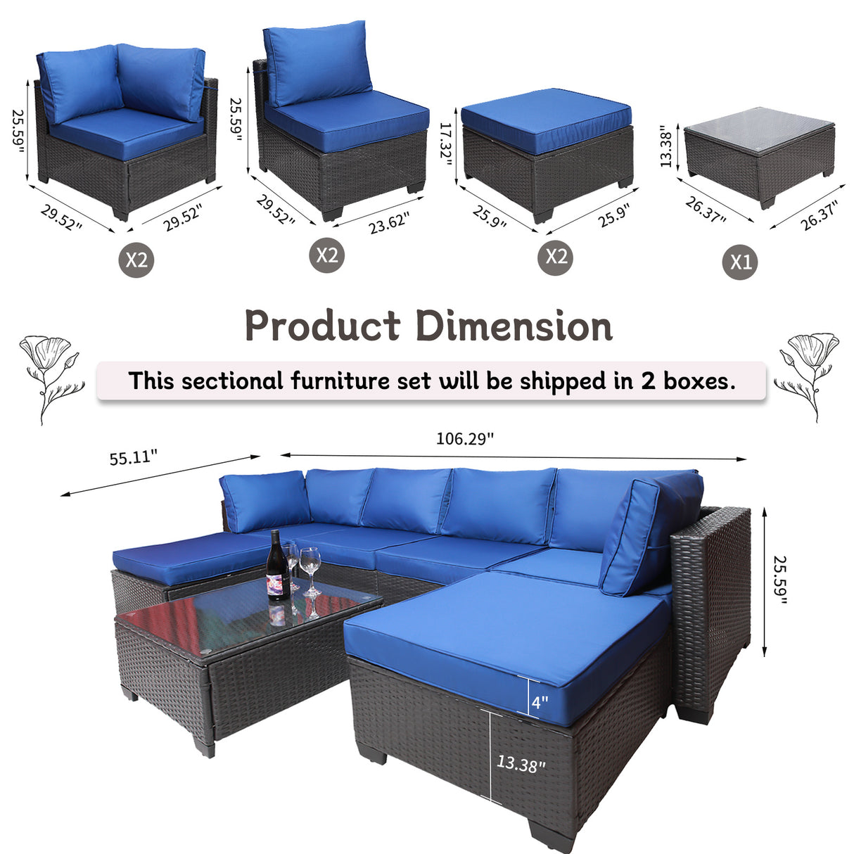 Outdoor garden patio furniture 7-piece pe rattan wicker cushioned sofa sets  and coffee table