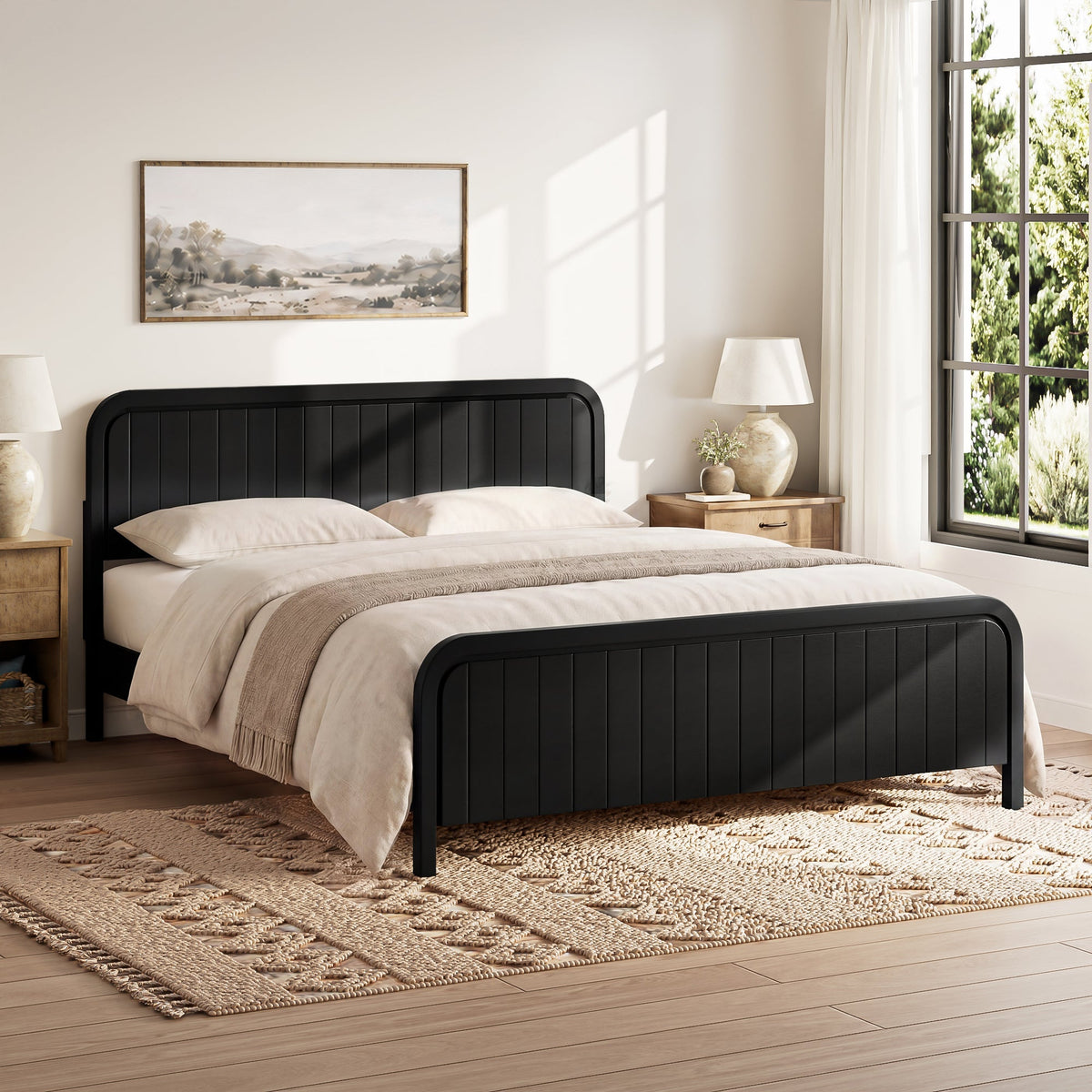 King Bed Frame with Headboard - Modern Wood Platform Bed - Black