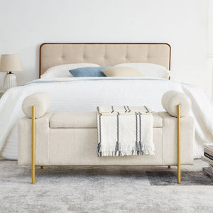 Elegant Upholstered Storage Bench With Cylindrical Arms And Iron Legs,