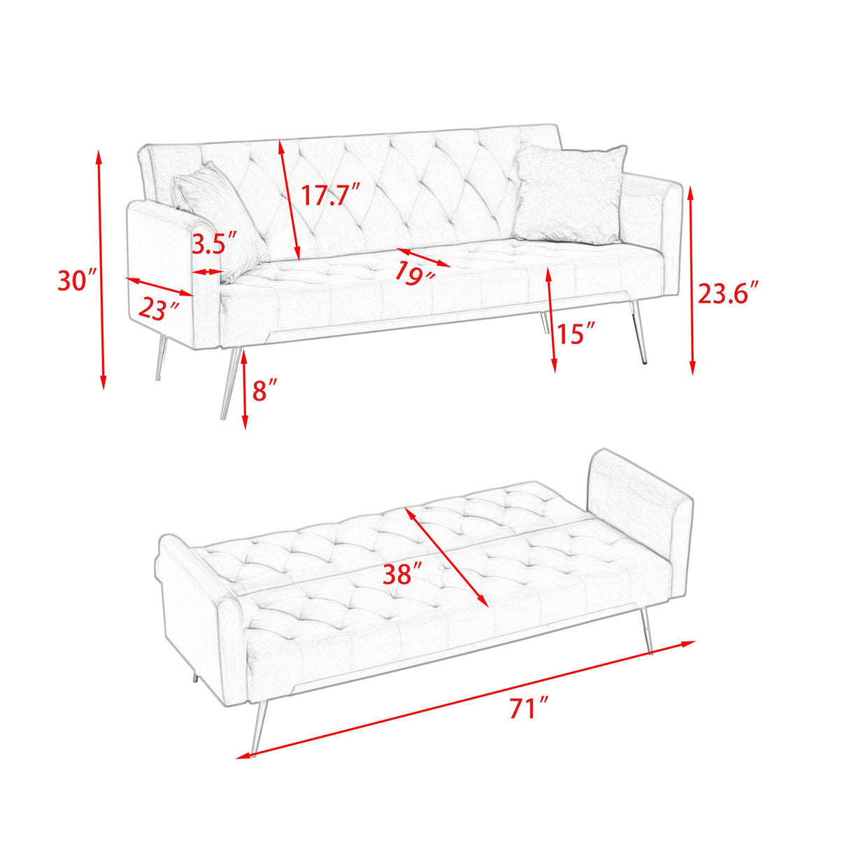 71-inch Foldable Double Sofa with American Retro Style