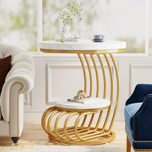 Round Vintage End Table With 2 Tier Storage