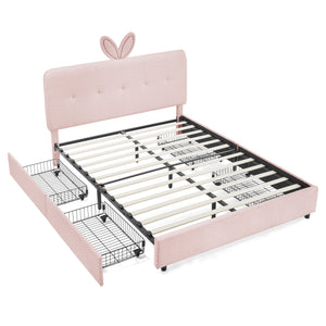 Queen Size Kids Upholstered Bed with Oversized Rabbit Ear Headboard, LED Light & 4 Storage Drawers, Boucle Fabric (84.5''X62.75''X41'')