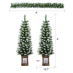 Artificial Christmas 3 Piece Set Wreath And 2 Entrance Trees With LED Lights - White / Green