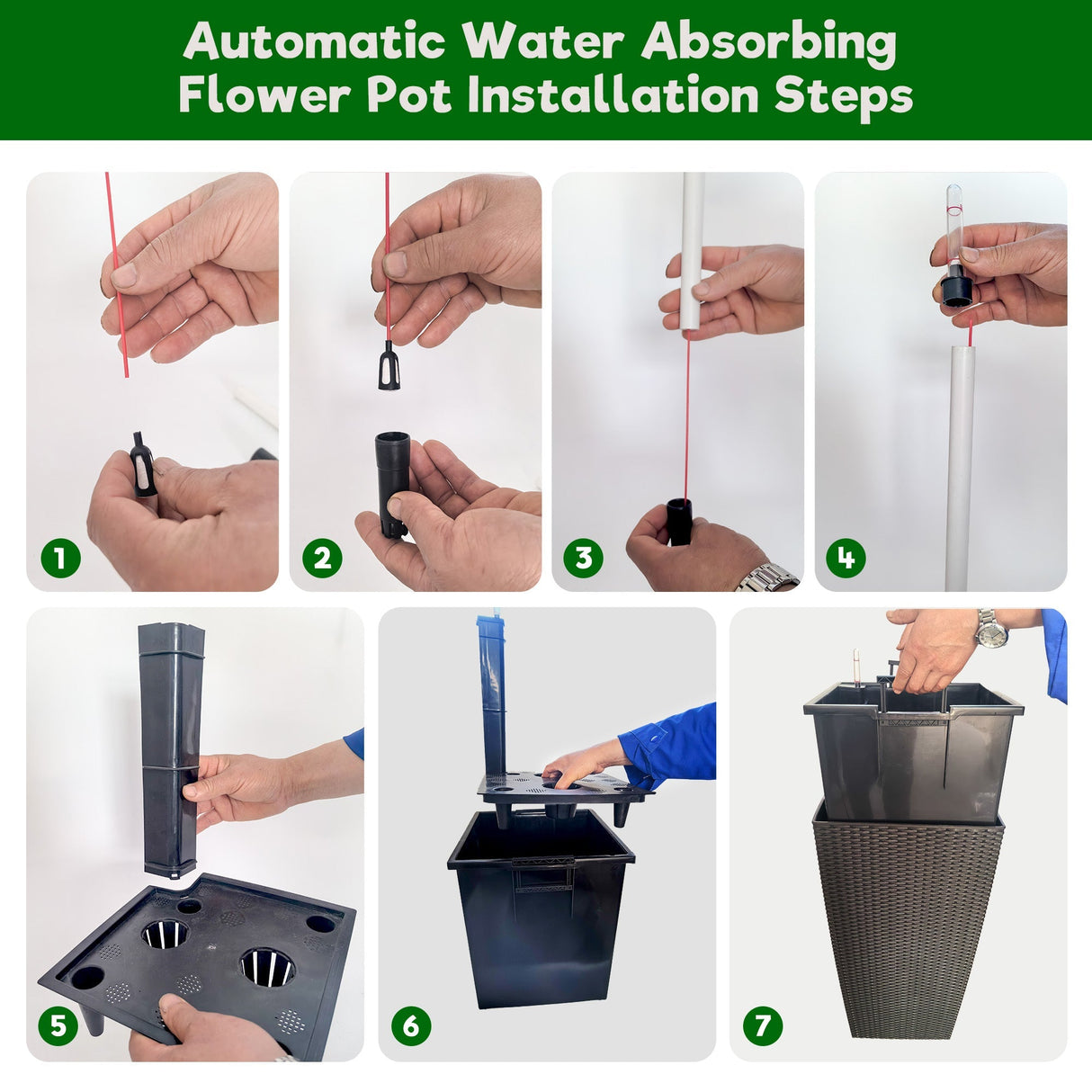 Pack of 2 Brown 22-Inch Faux Rattan Square Planters with Automatic Watering System