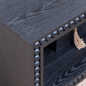 Black Beaded Edge Coffee Table – 47.6' Rectangular Center Table with Open Storage Shelf, Modern Farmhouse Style, Solid Black Finish