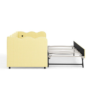 Cozy Gingham Daybed with Trundle Twin Size Sofa Bed No Box Spring Needed, with USB Port and Adorable Wave Shaped, Linen Fabric
