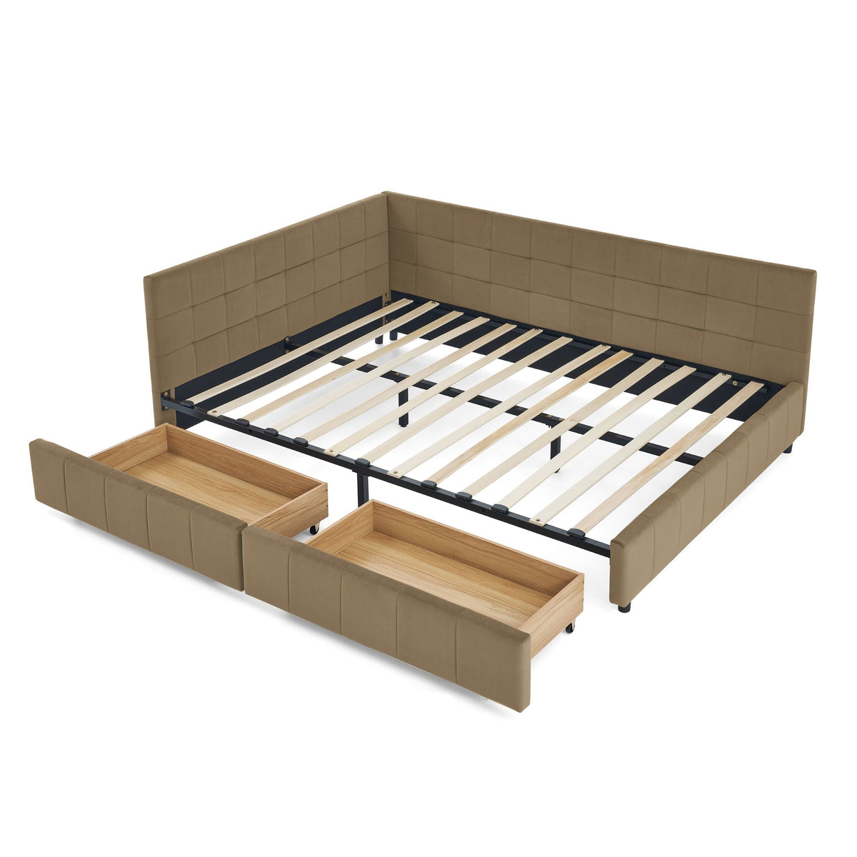 Mid-Century Storage Upholstered Tufted Bed Frame With Backrest And Armrests