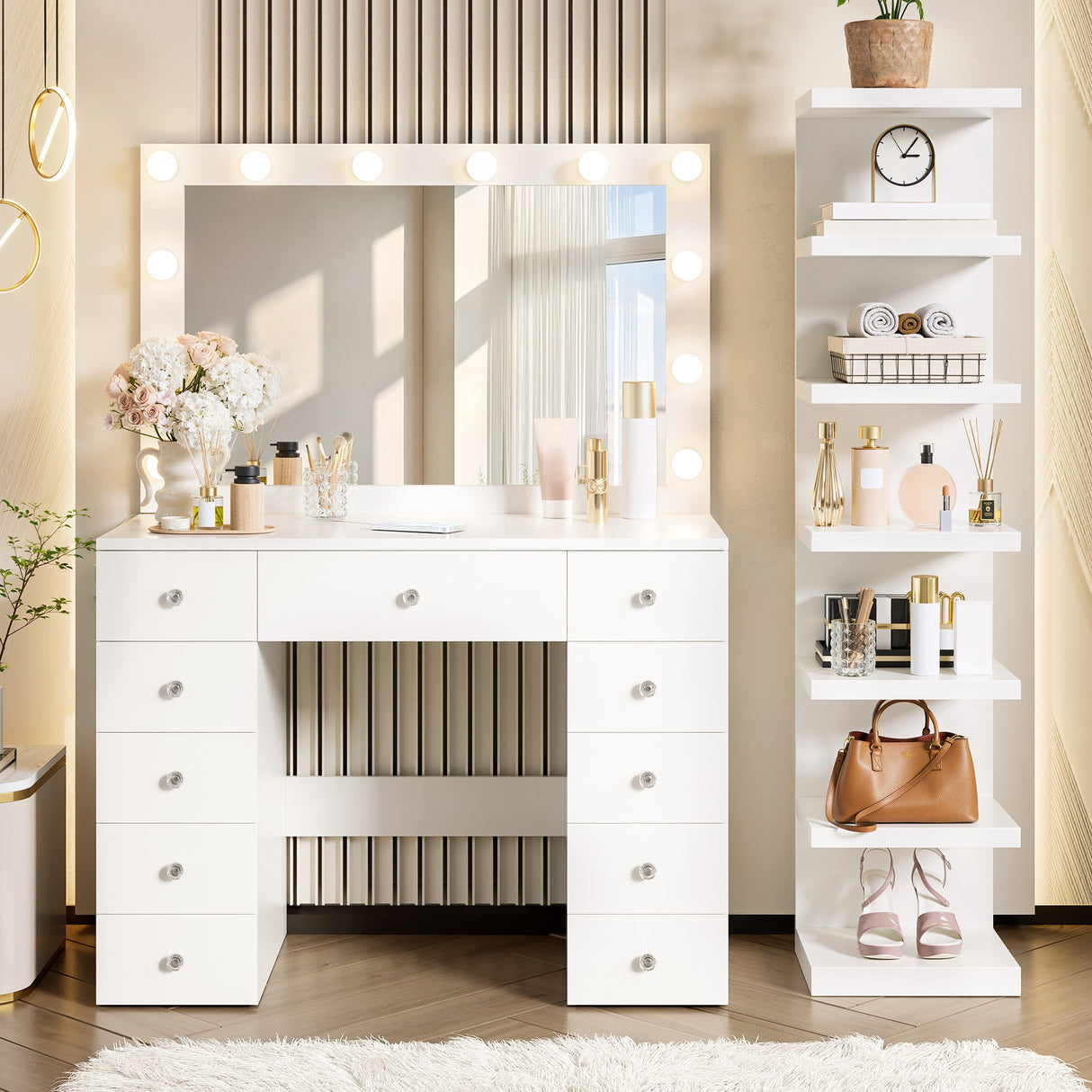 Vanity Desk with 11 Hollywood Bulbs & 7-Tier Storage Shelves