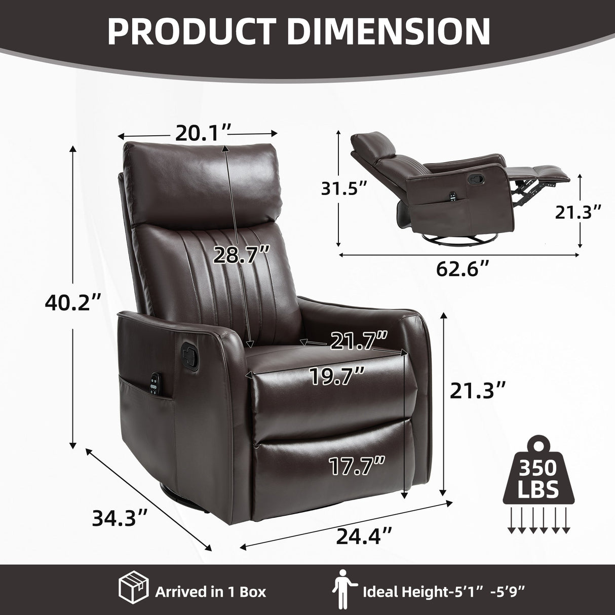 Brown Faux Leather Heat Massage Manual Recliner Chair