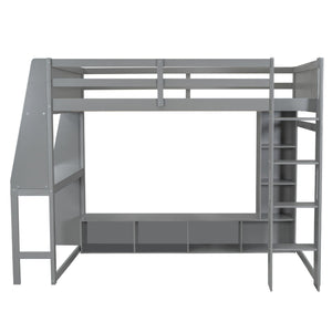 Full Size Gaming Loft Bed with Desk, Storage & LED Lighting - Gray