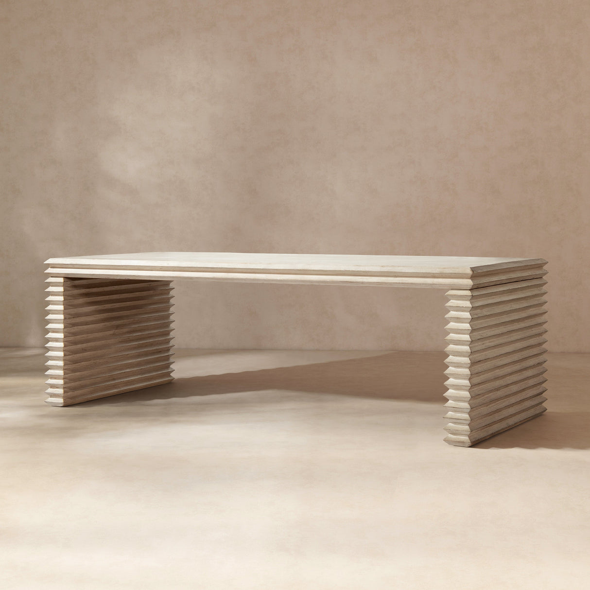 Veda 94' Reclaimed Wood Stacked Geometric Waterfall Dining Table, Seats up to 8, Whitewashed Natural Reclaimed Pine Wood