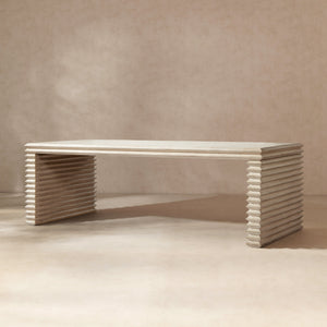 Veda 94' Reclaimed Wood Stacked Geometric Waterfall Dining Table, Seats up to 8, Whitewashed Natural Reclaimed Pine Wood