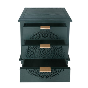 Blackish Green Hollow-Carved 3-Drawer Dresser with Metal Handles