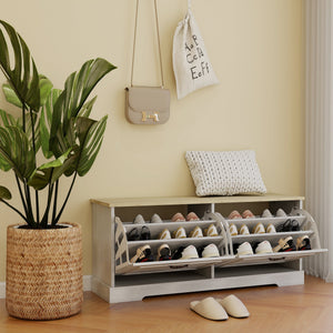 Shoe Storage Bench with 2 Flip Drawers and Adjustable Shelf - Antique