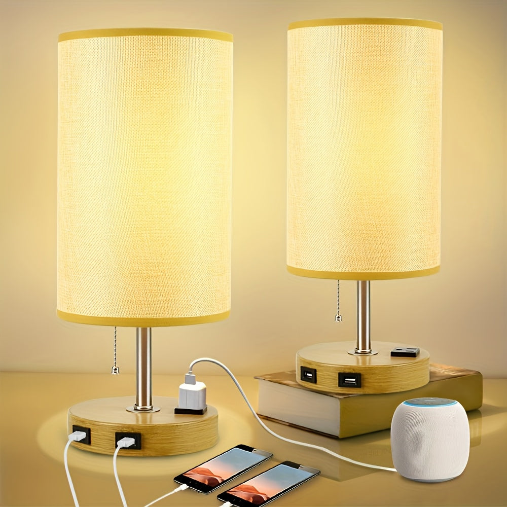 Touch Table Lamp with USB & Outlet – Modern Fabric Shade Bedside Light for Bedroom