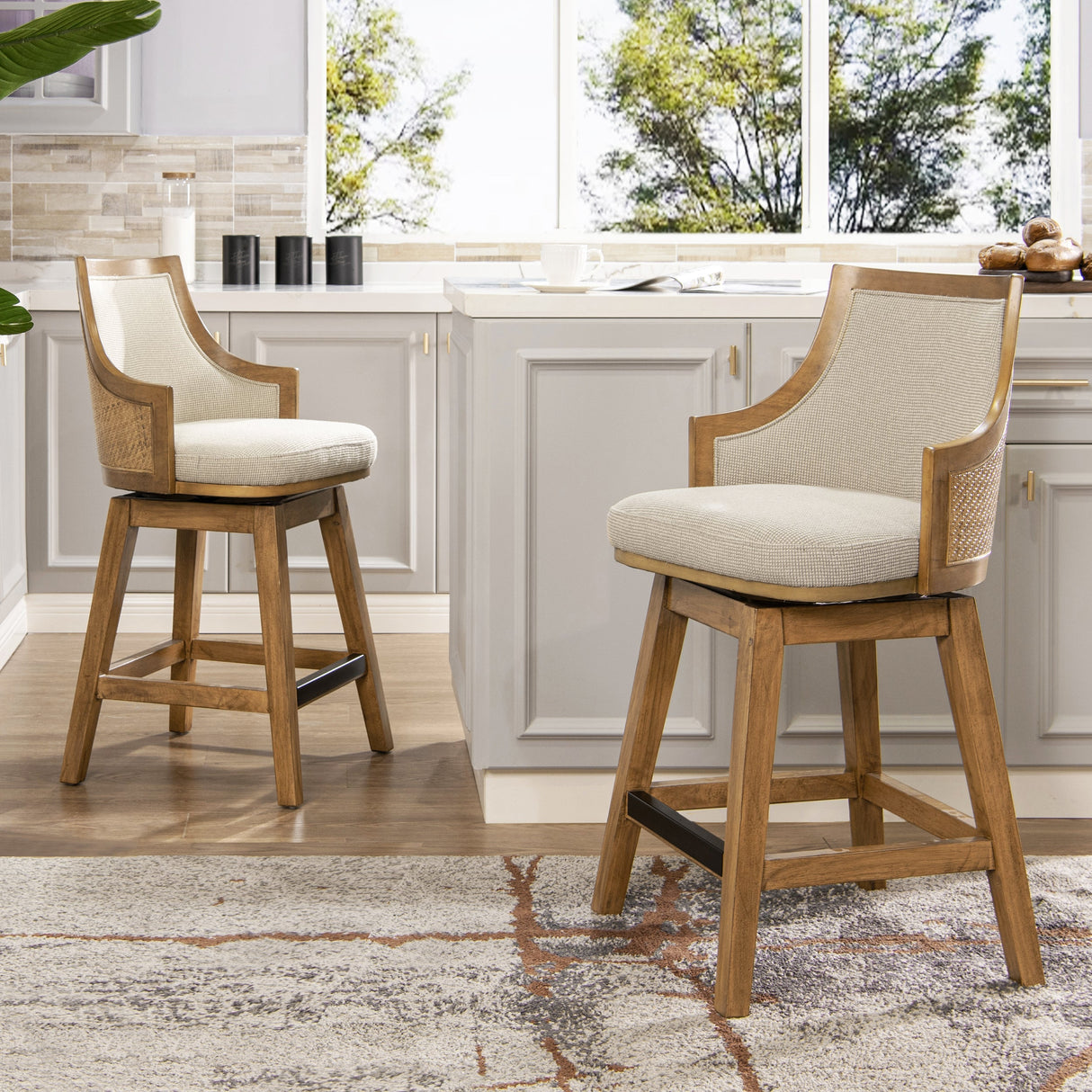 Bahama 26' Cane Rattan High-Back Swivel Counter Stool with Recessed Arms, Taupe Beige Textured Weave