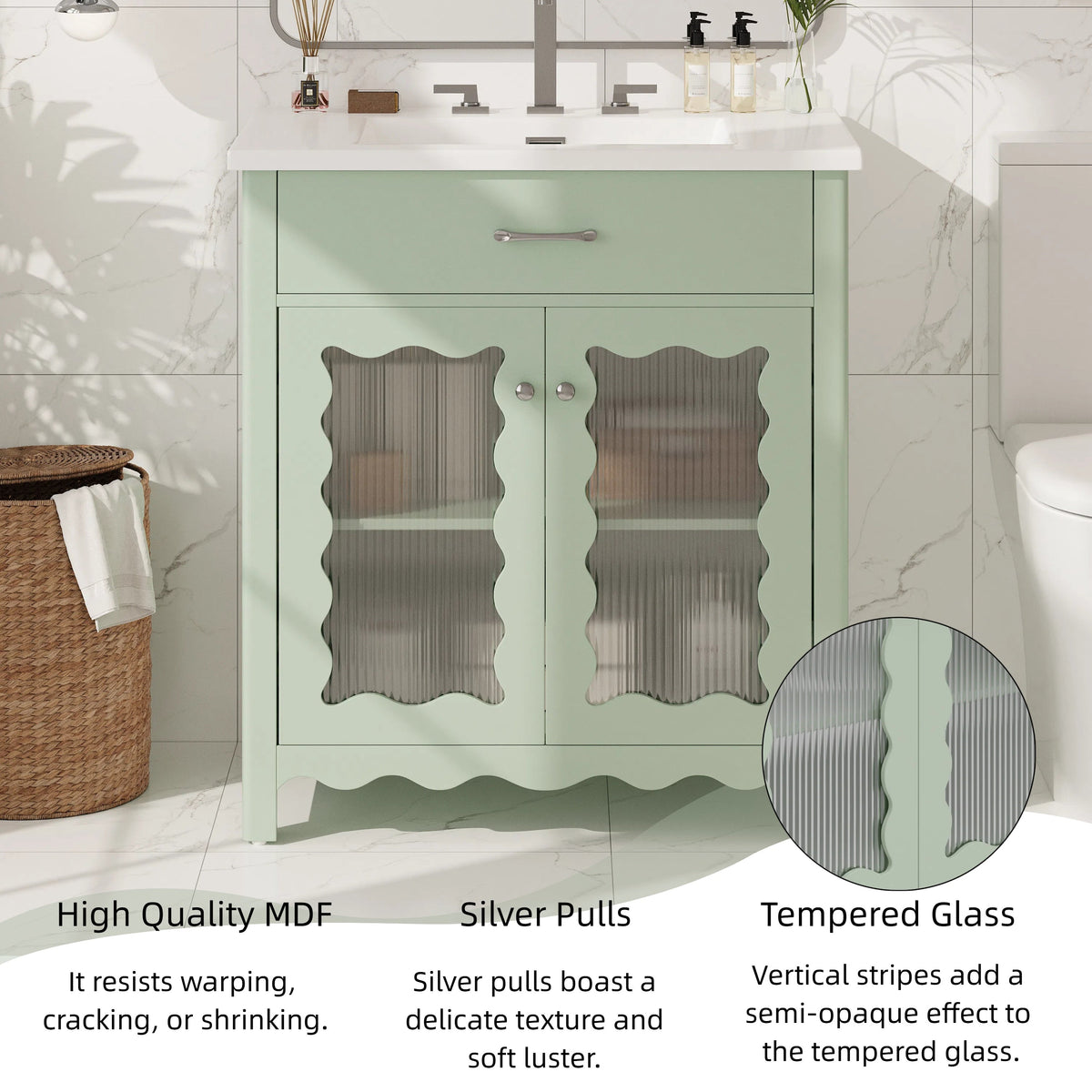 30 Inches Bathroom Vanity with Tempered Glass