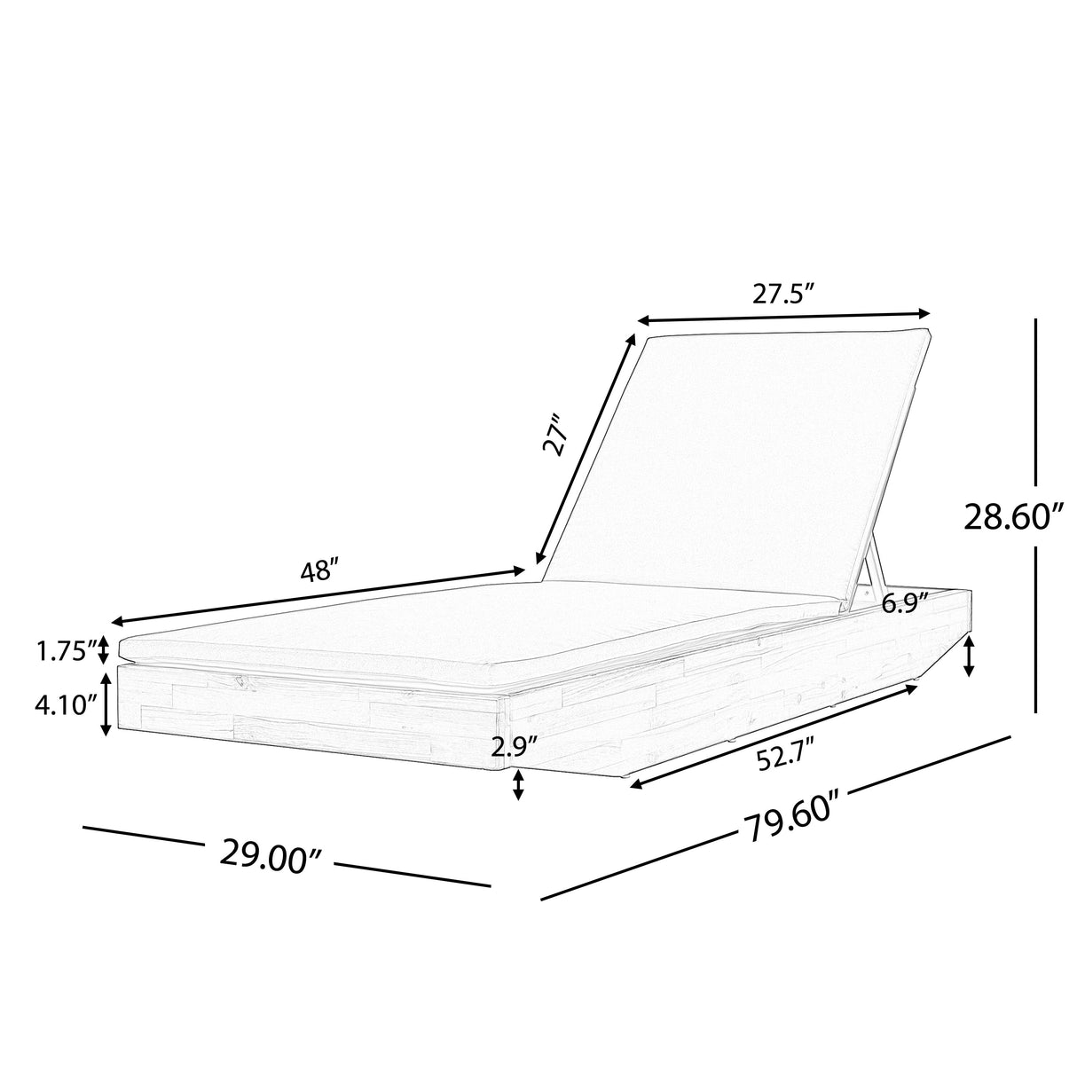 Acacia Wood Chaise Lounge with 2-Fold Thin Cushion - Teak Finish
