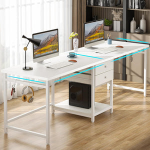 2 Person Computer Desk With Drawers And Shelves, Extra Long Double Workstation