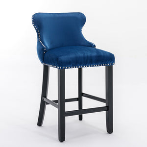 Contemporary Upholstered Wing-Back Barstools With Button Tufted Decoration And Wooden Legs, And Nailhead Trim, Leisure Style Bar Chairs, Bar Stools (Set of 2)