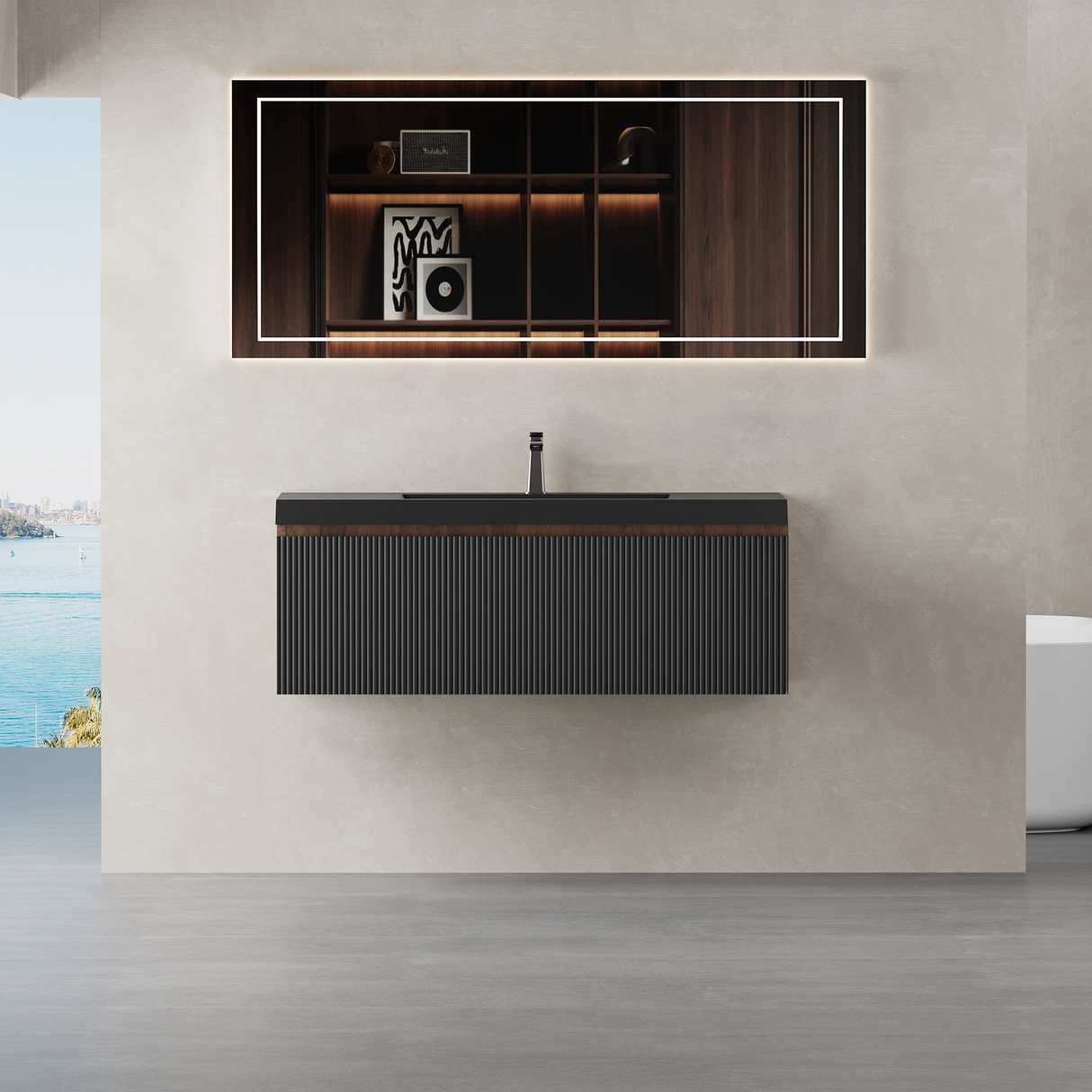 42" Floating Bathroom Vanity with Sink and Striped Storage Cabinet