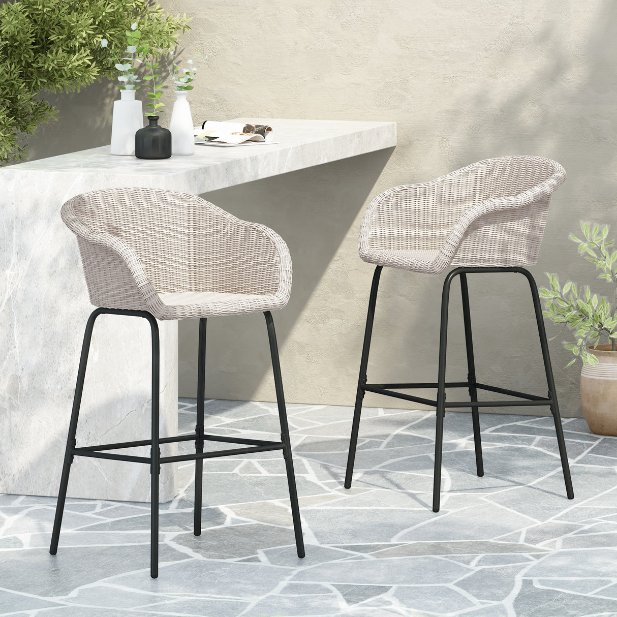 Ladd Outdoor Metal Wicker Barstool, Light Gray Faux Wicker, Set of 2