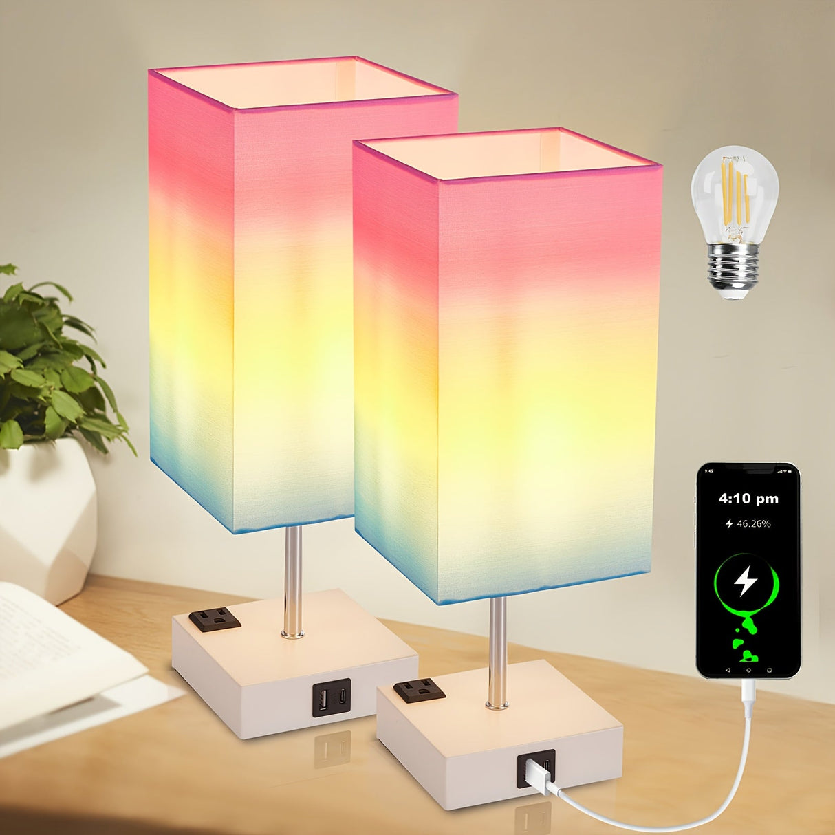 Touch Table Lamp with USB & Outlet – Modern Fabric Shade Bedside Light for Bedroom