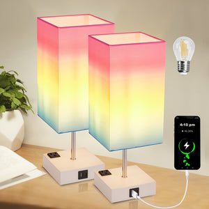 Touch Table Lamp with USB & Outlet – Modern Fabric Shade Bedside Light for Bedroom