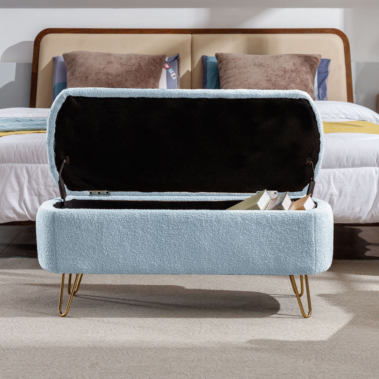 Storage Ottoman Bench For End Of Bed Legs, Modern Camel Faux Fur Entryway Bench Upholstered Padded With Storage For Living Room Bedroom