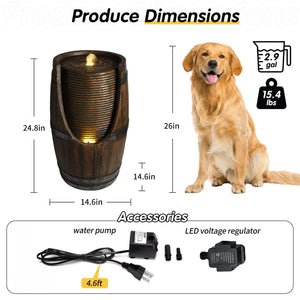 Outdoor Barrel Water Fountain with Lights Rustic Wood Look Resin Handmade Waterfall Garden Decor for Patio Yard Porch