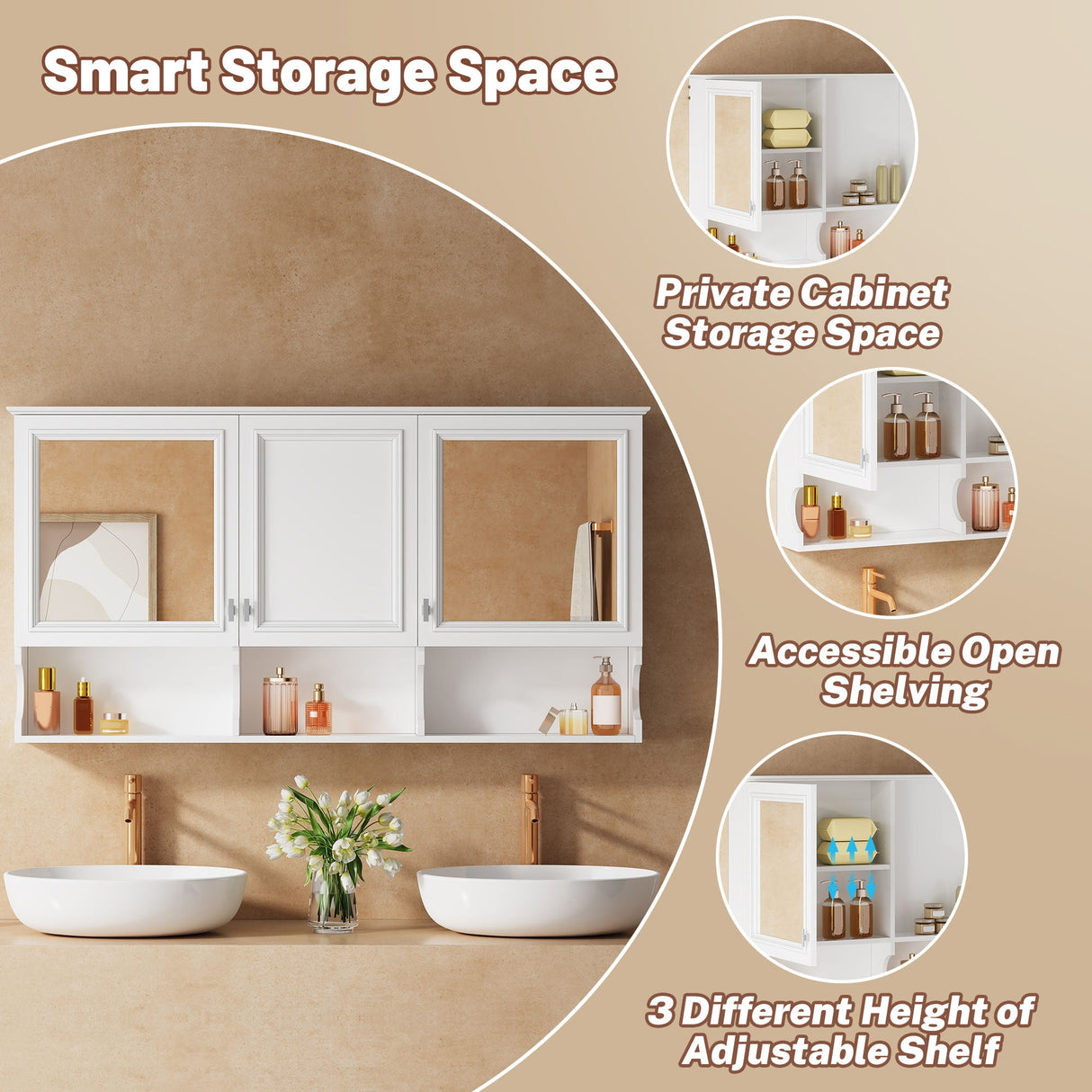 Wall-Mounted Mirror Medicine Cabinet With Adjustable Shelf And Open Shelves, Bathroom Storage Cabinet Over Toilet - White