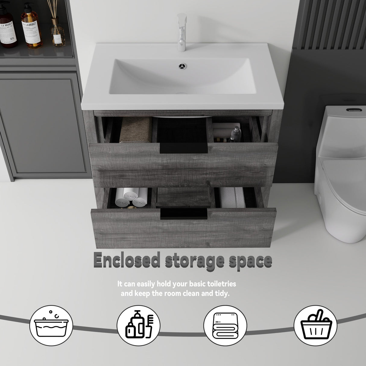 36 Inch Freestanding Bathroom Vanity with Sink, Soft-Close Drawer, Ceramic Sink, Plywood