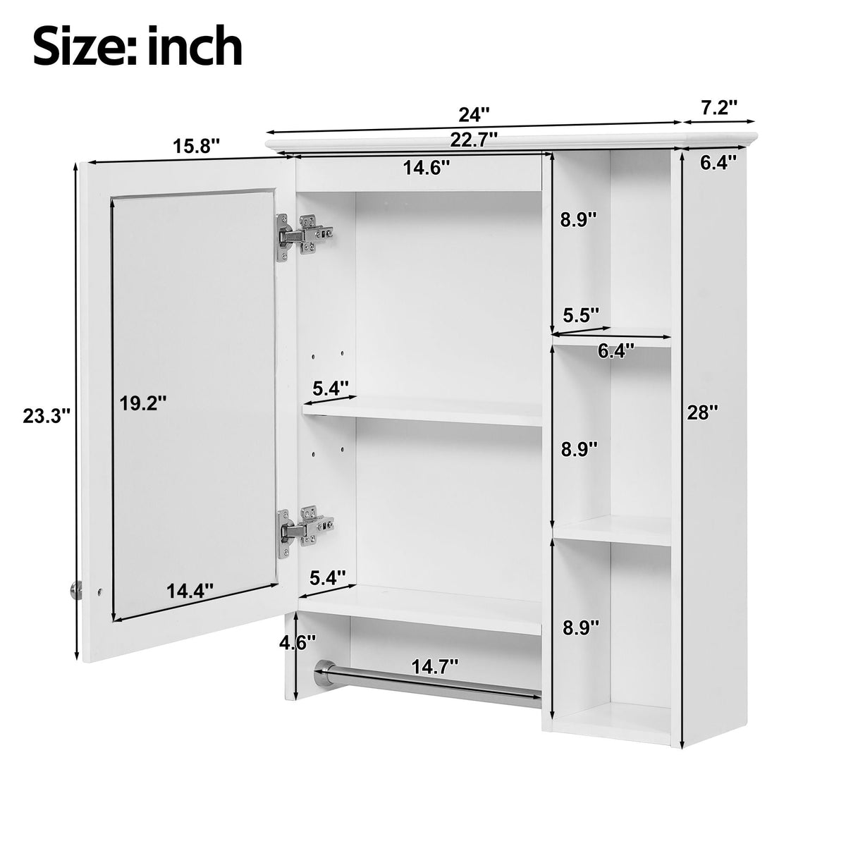 Modern 3 In 1 Bathroom Mirror Cabinet with Adjustable Shelf and Towel Bar - Black or White