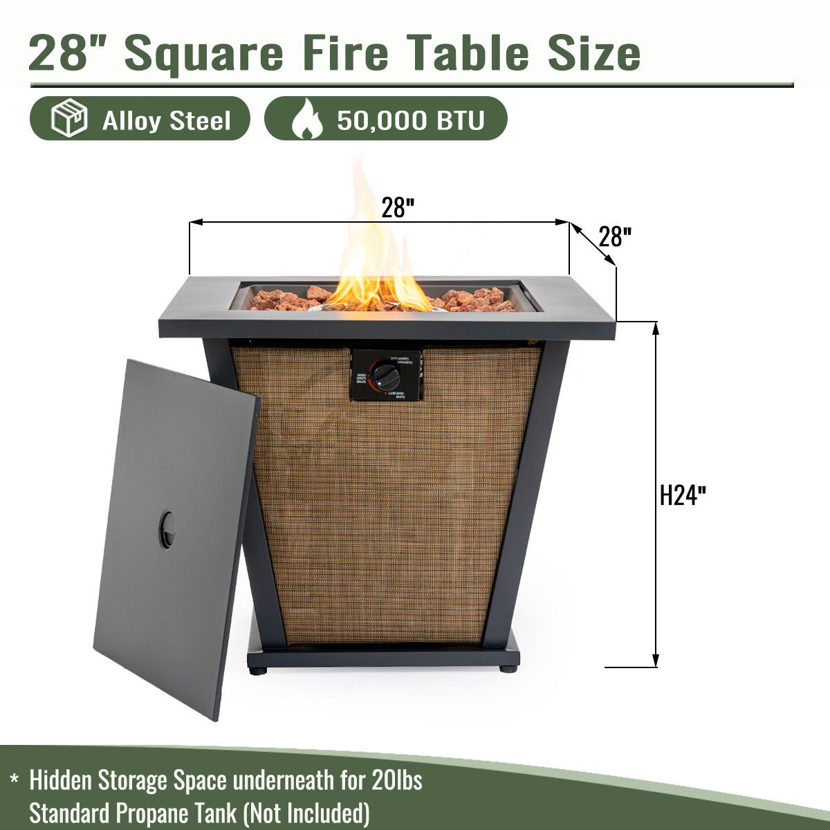 28' Propane Gas Fire Pit Table50000 BTU Square Steel Fire Pit -Brown