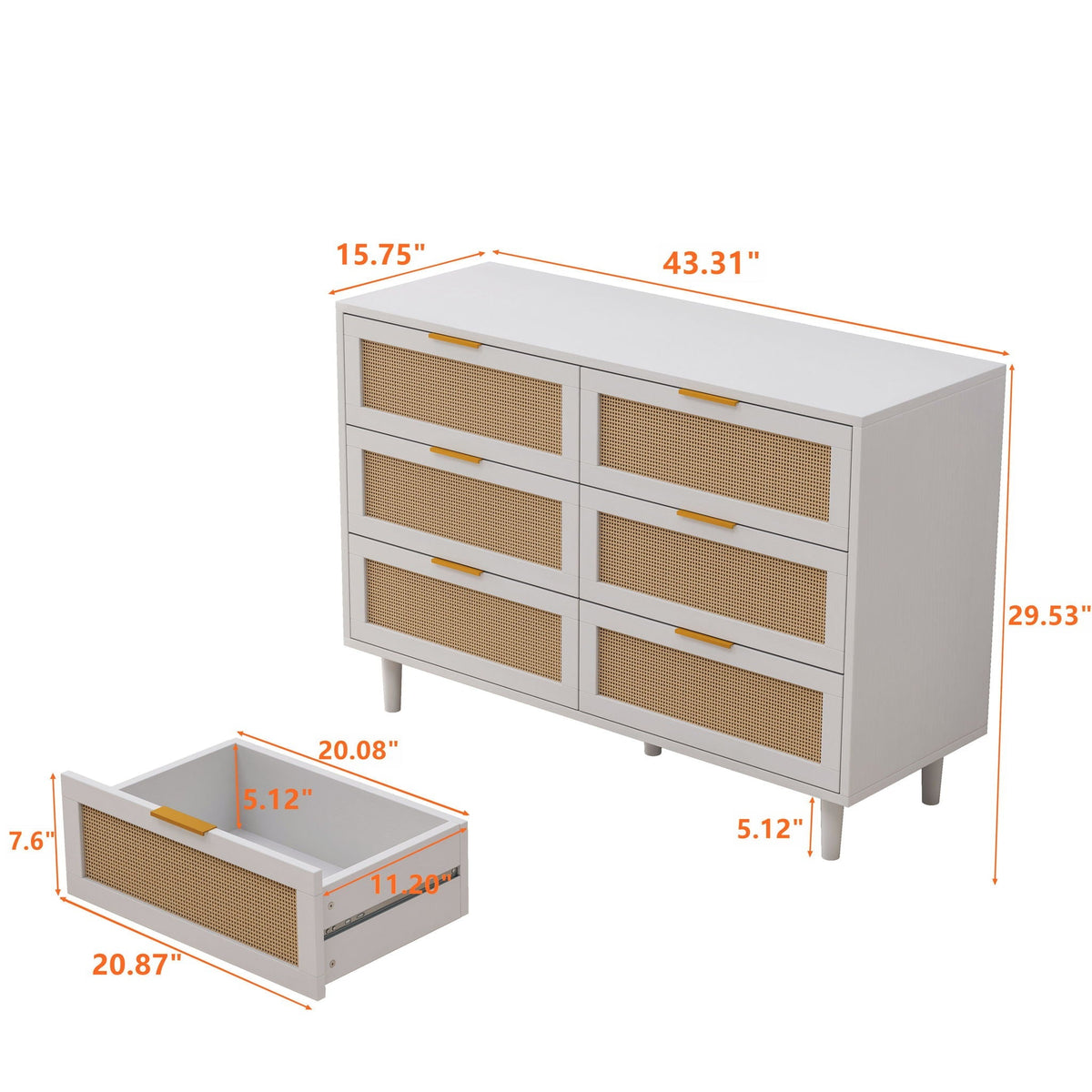 6 Drawer Storage Cabinet with Modern Rattan Drawers - Light Brown, Black, or White