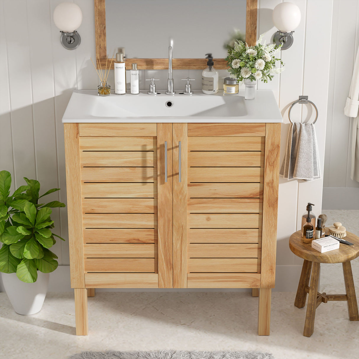 Bathroom Vanity With Ceramic Sink, Freestanding Cabinet - Antique Natural / Brown