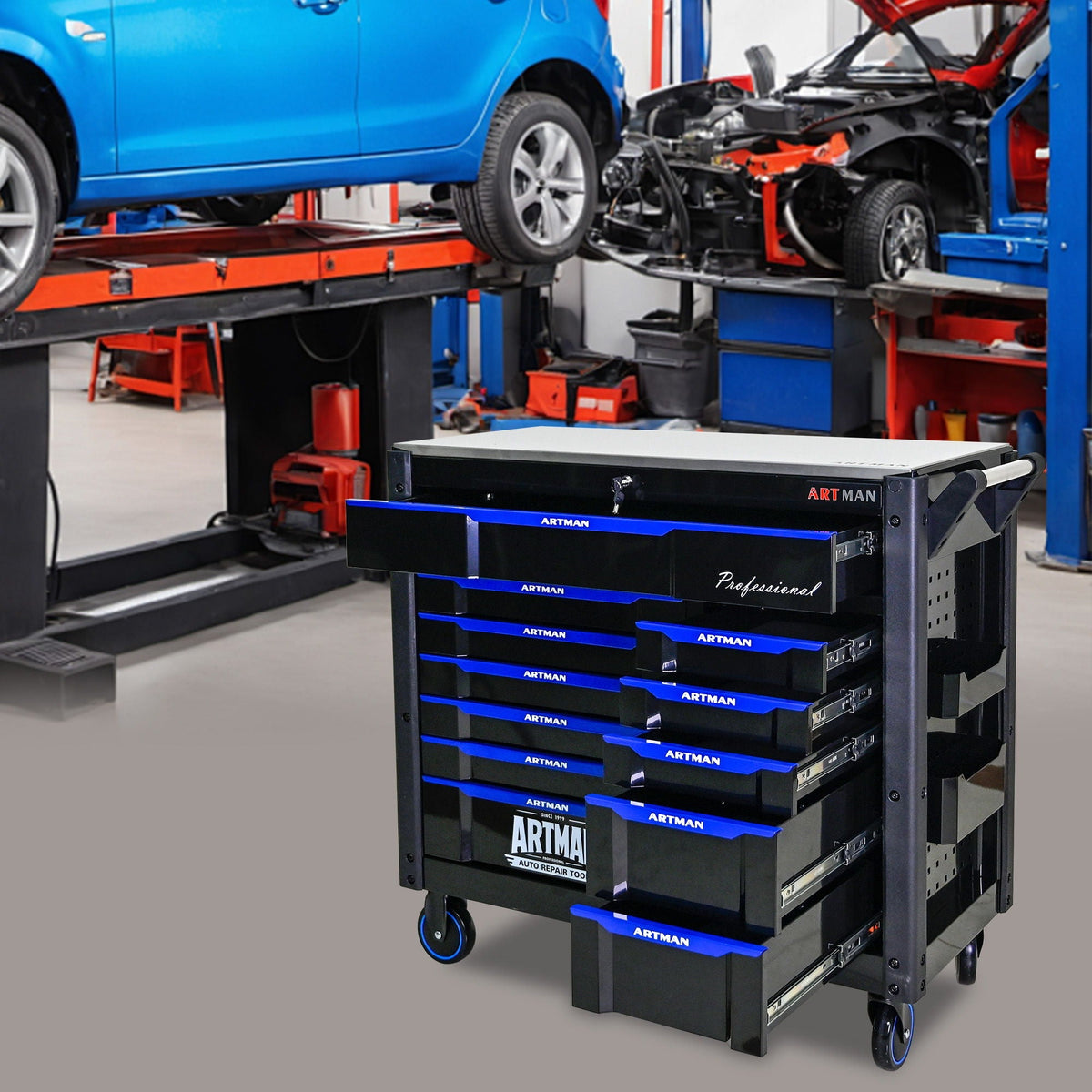 12 Layer Drawer Multi Purpose Tool Cart With Wheels And Iron Top - Black / Blue