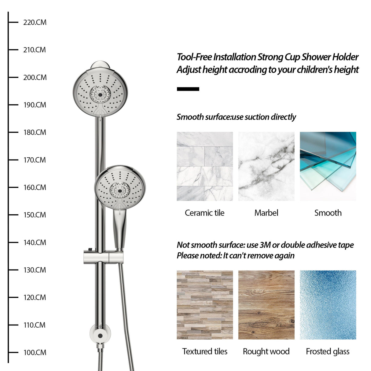 Dual Shower Head With Adjustable Slide Bar And Multi Function Settings